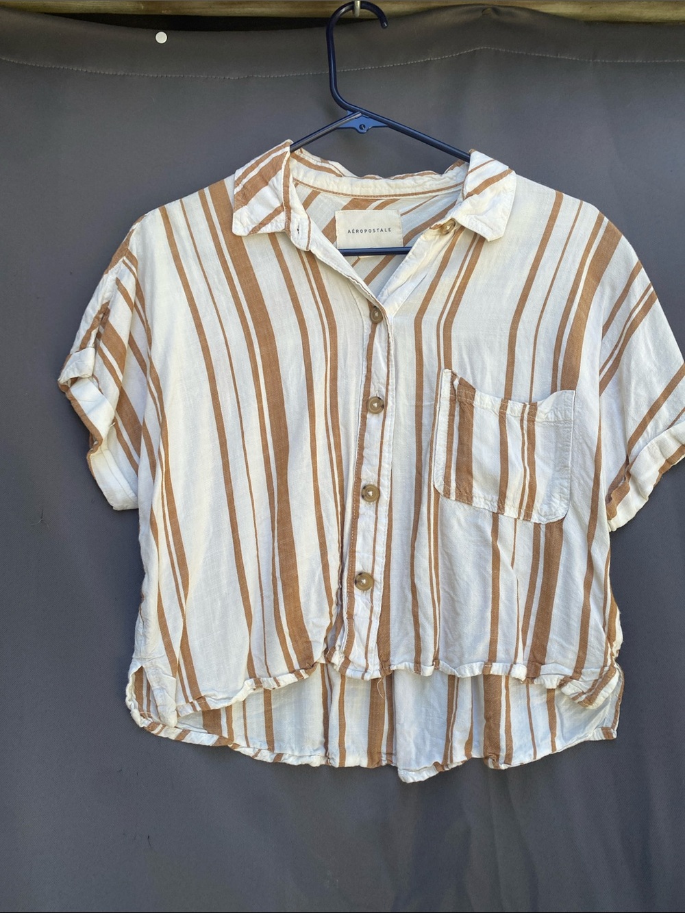 Aeropostale White and Brown Striped Button-Front Crop Top